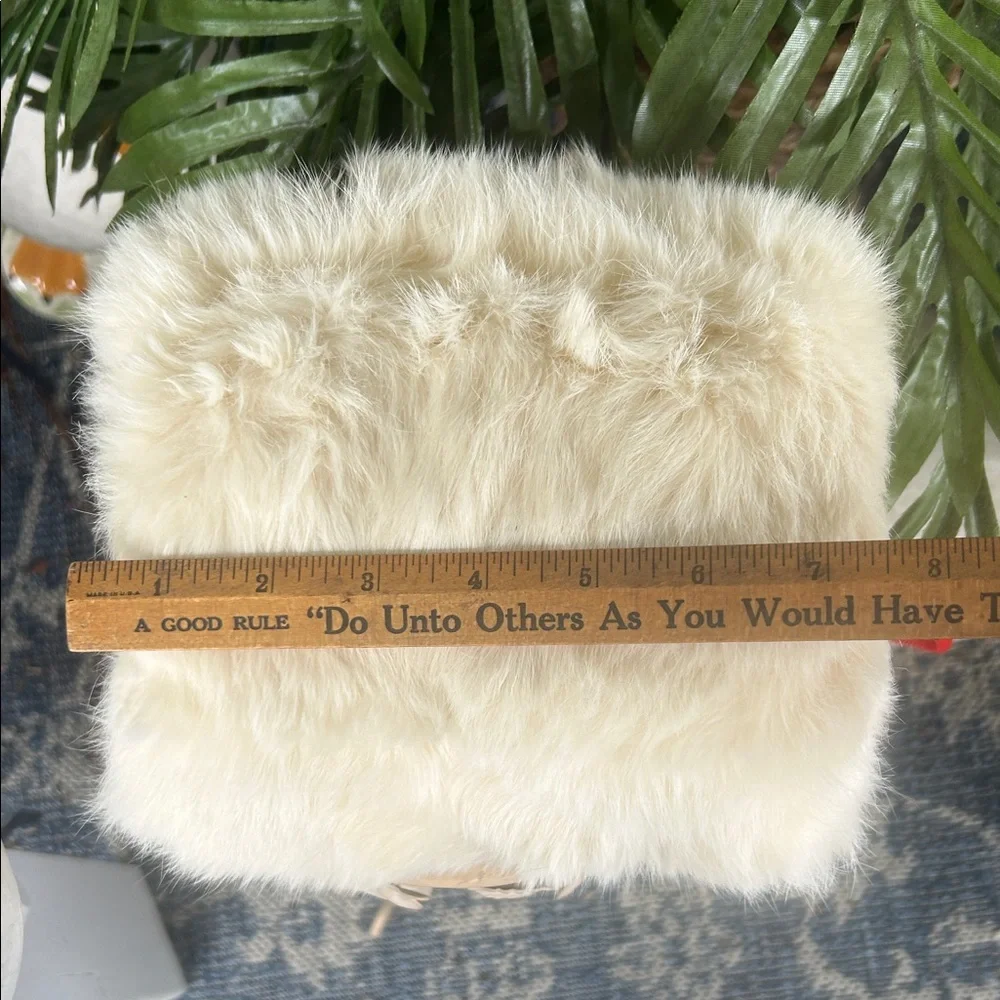 Vintage 60’s White Rabbit Fur Hand Muff with Red Strap